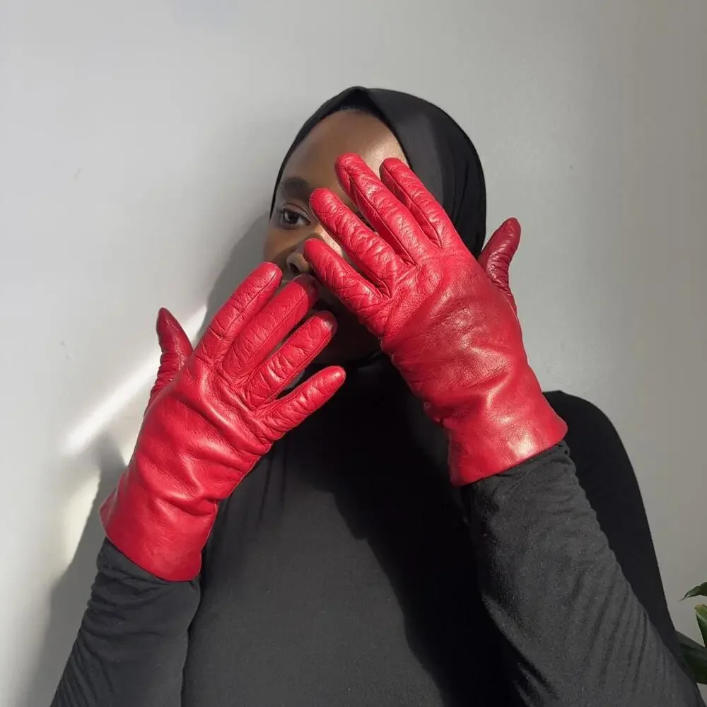Vintage Portolano Italian Red‎ Leather Cashmere Lined Gloves size 8